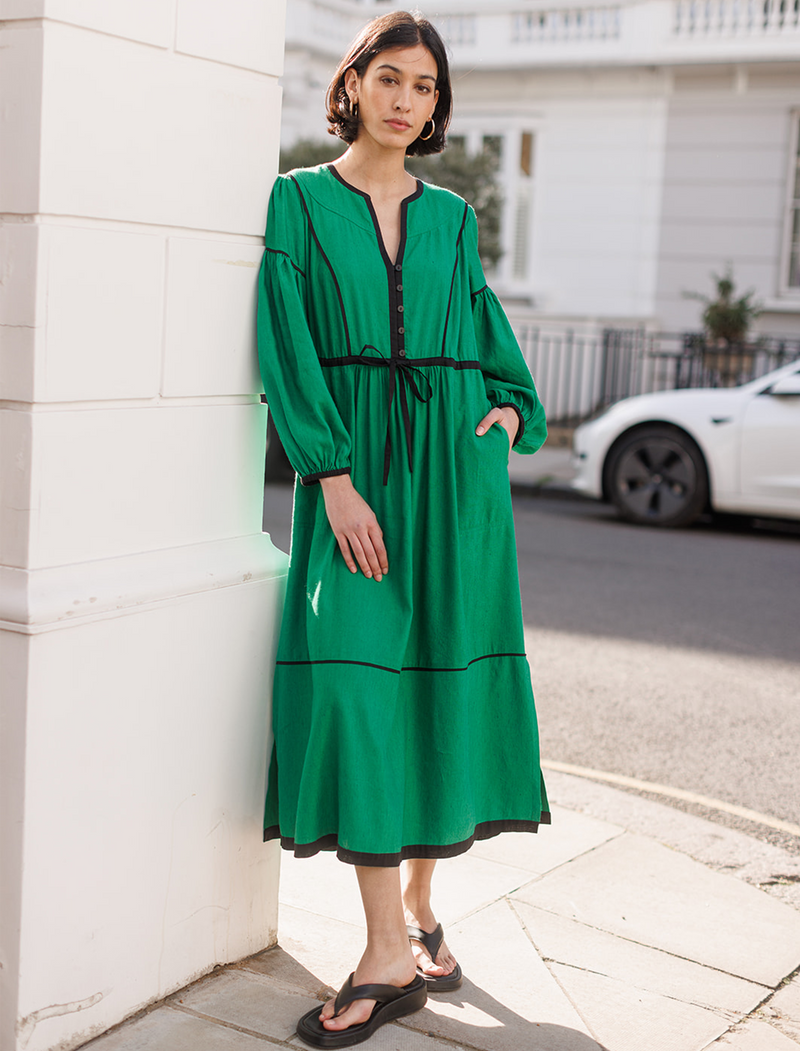 Salone Linen Blend Maxi Dress - Emerald Green Black