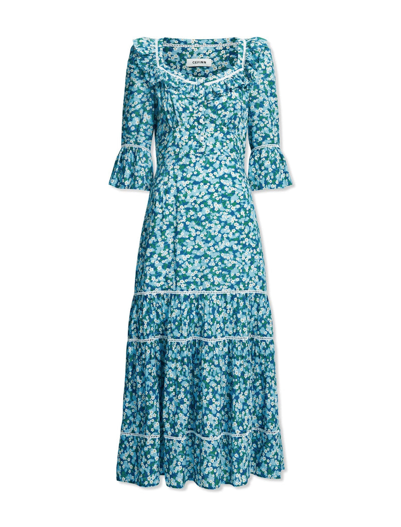 Emma Cotton Midi Dress - Mid Blue Blossom Print