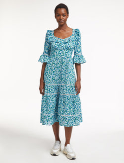 Emma Cotton Midi Dress - Mid Blue Blossom Print