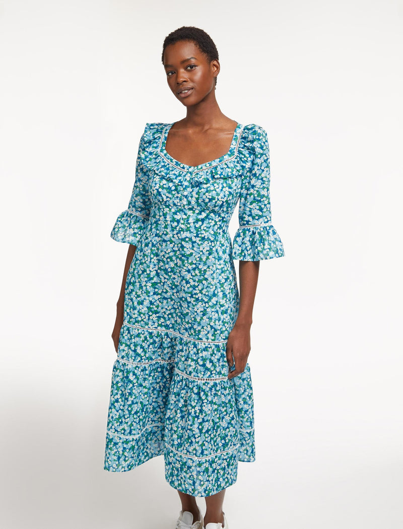 Emma Cotton Midi Dress - Mid Blue Blossom Print