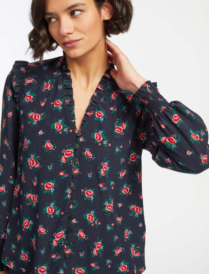 Stella Silk Shirt - Navy Posy Print