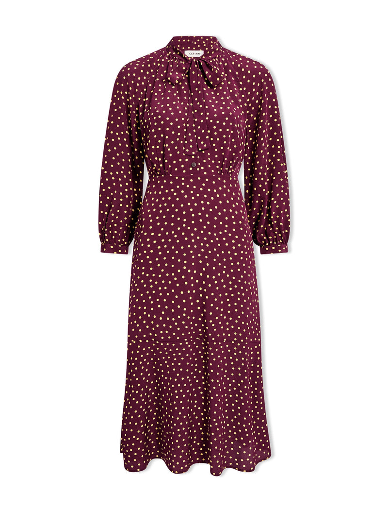 Daria Silk Midi Dress - Burgundy Gold Polka Dot Print