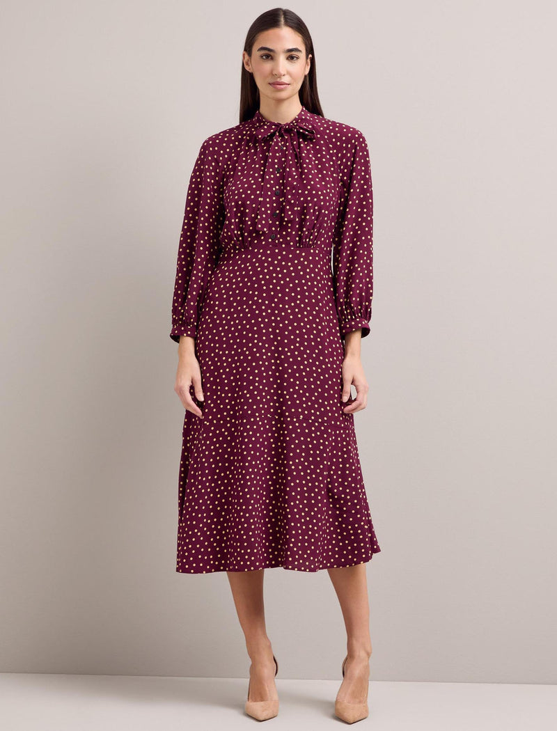 Daria Silk Midi Dress - Burgundy Gold Polka Dot Print