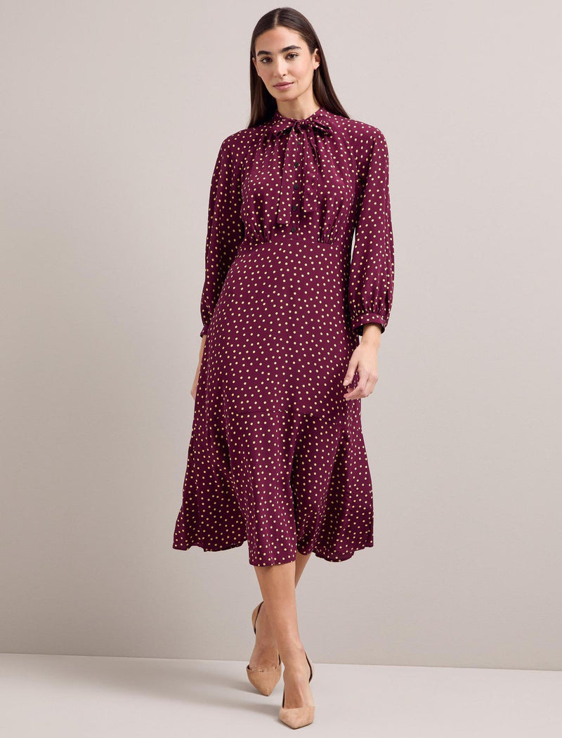 Daria Silk Midi Dress - Burgundy Gold Polka Dot Print