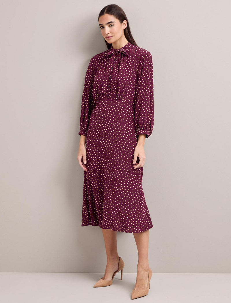 Daria Silk Midi Dress - Burgundy Gold Polka Dot Print