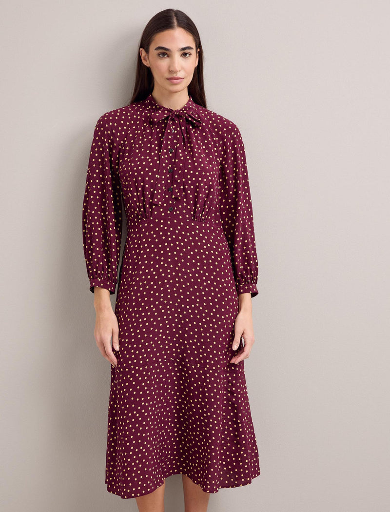 Daria Silk Midi Dress - Burgundy Gold Polka Dot Print