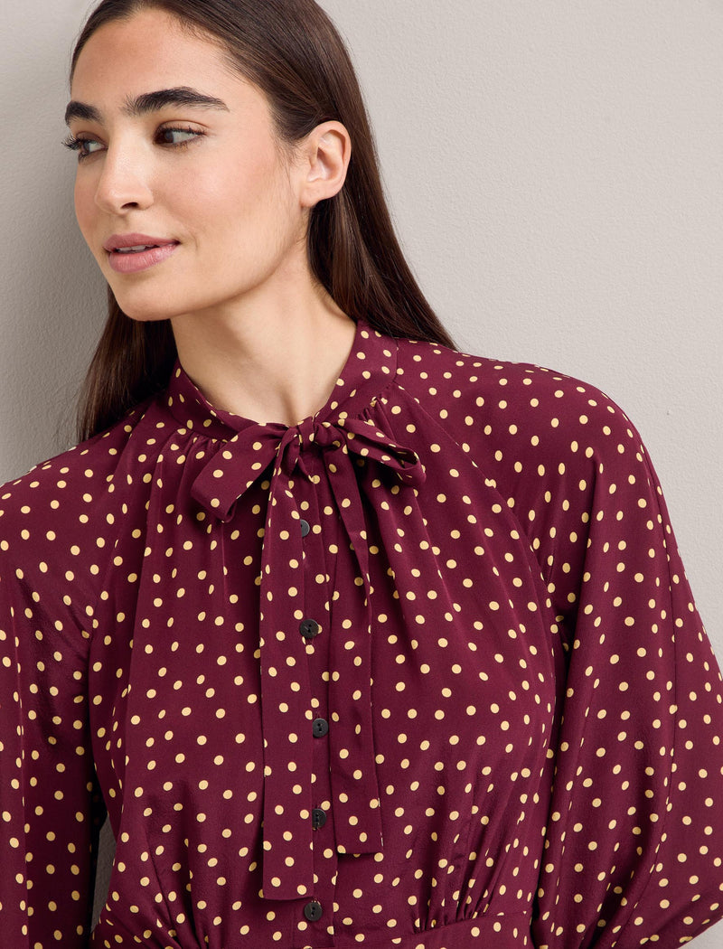 Daria Silk Midi Dress - Burgundy Gold Polka Dot Print