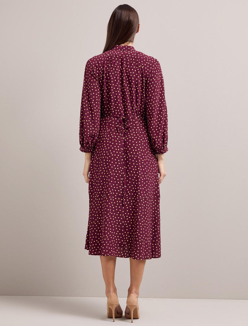 Daria Silk Midi Dress - Burgundy Gold Polka Dot Print