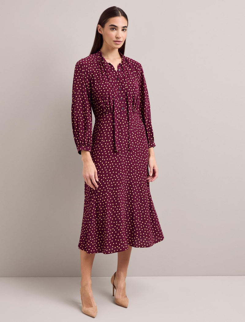 Daria Silk Midi Dress - Burgundy Gold Polka Dot Print