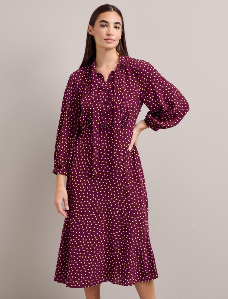 Daria Silk Midi Dress - Burgundy Gold Polka Dot Print