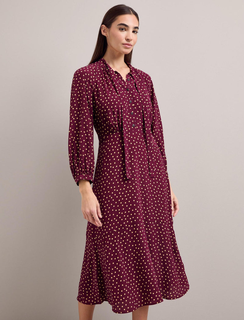 Daria Silk Midi Dress - Burgundy Gold Polka Dot Print