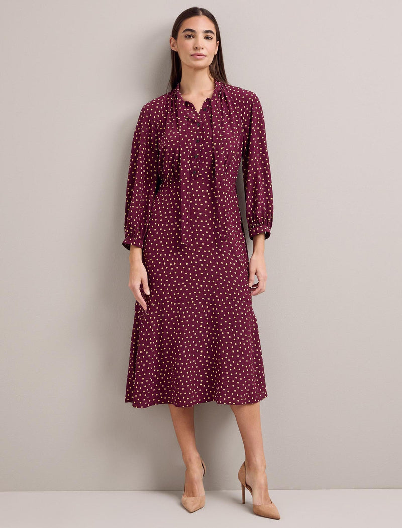 Daria Silk Midi Dress - Burgundy Gold Polka Dot Print