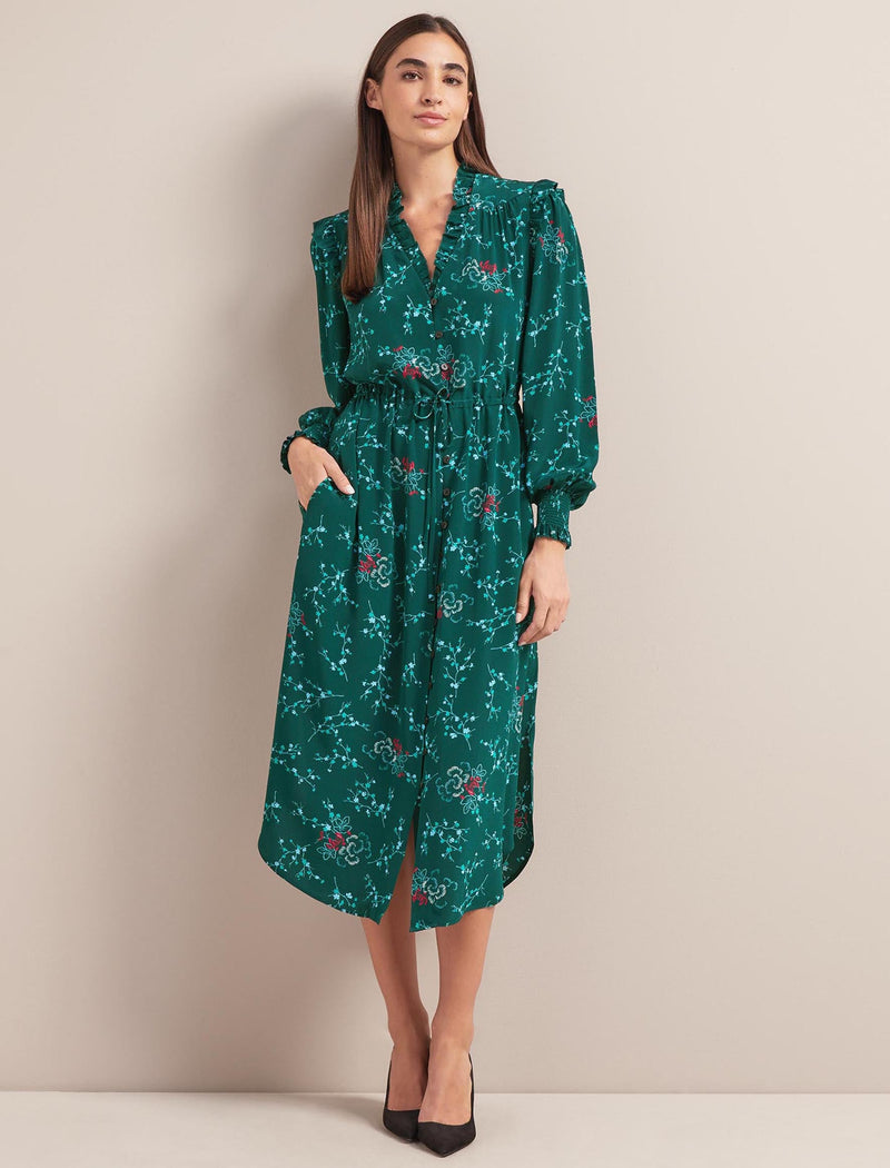 Stella Silk Midi Dress - Green Lotus Print