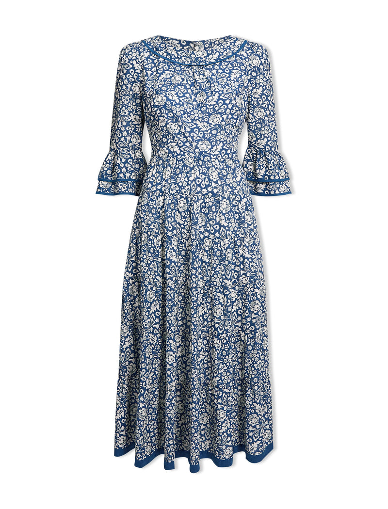 Elodie Cotton Blend Maxi Dress - Blue Mono Floral Print