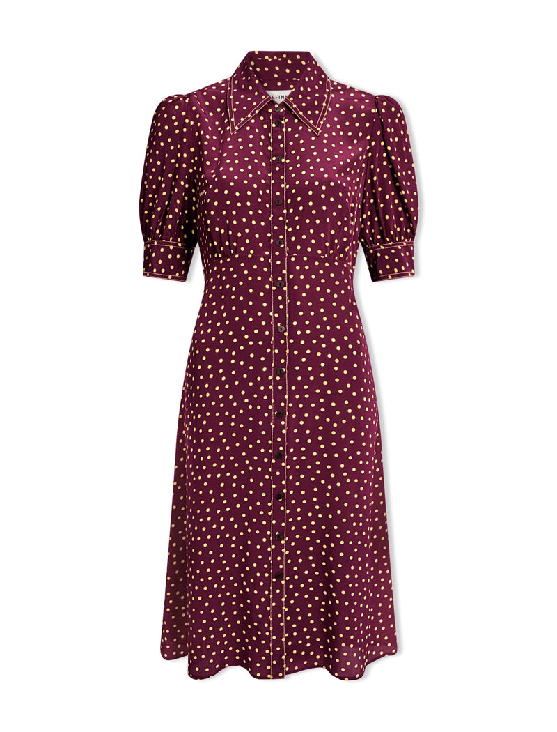 Ivy Silk Dress - Burgundy Gold Polka Dot Print