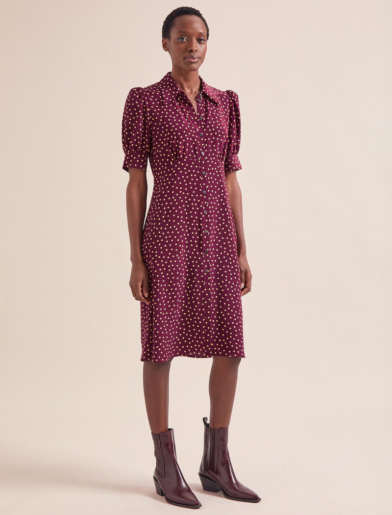 Ivy Silk Dress - Burgundy Gold Polka Dot Print