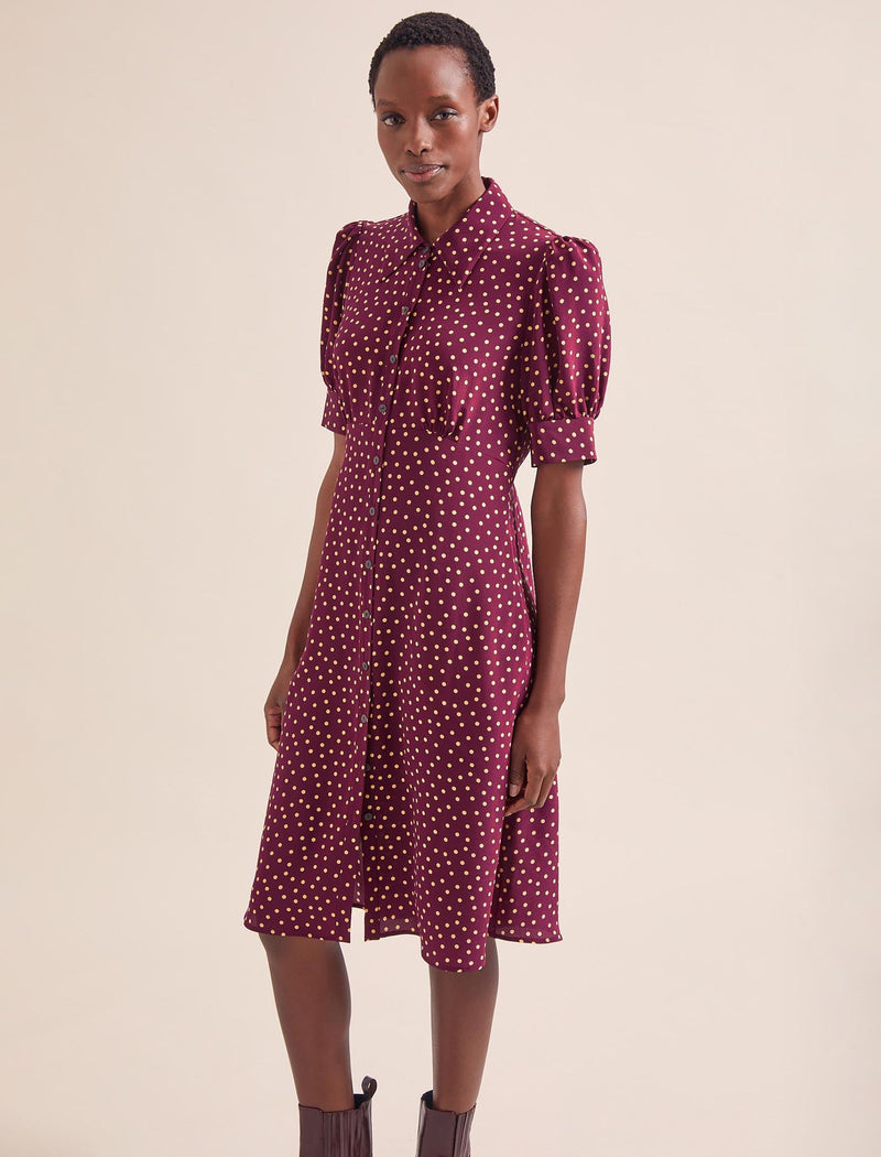 Ivy Silk Dress - Burgundy Gold Polka Dot Print