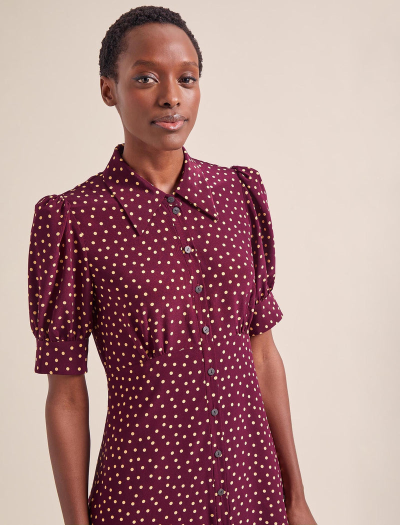 Ivy Silk Dress - Burgundy Gold Polka Dot Print