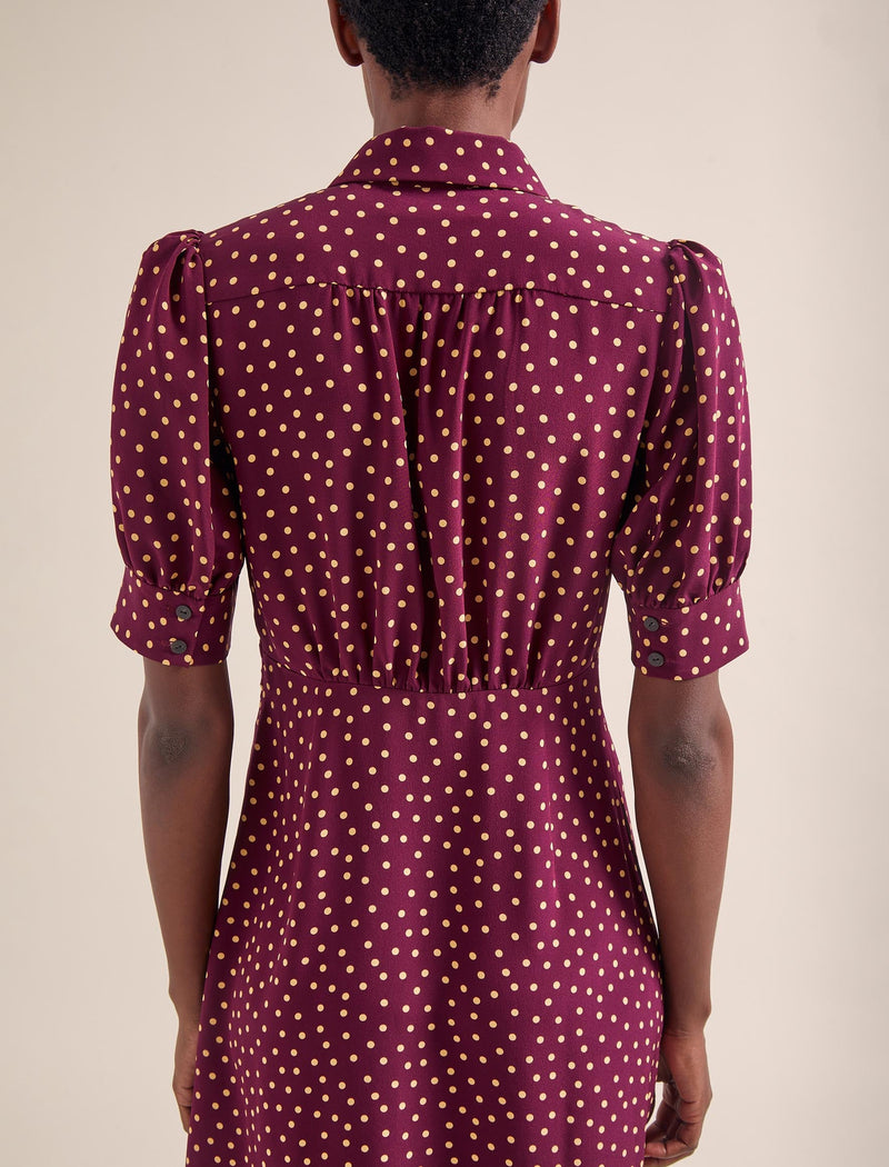 Ivy Silk Dress - Burgundy Gold Polka Dot Print