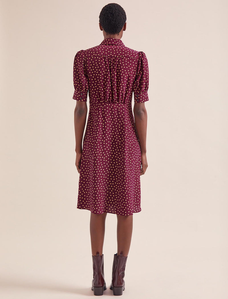 Ivy Silk Dress - Burgundy Gold Polka Dot Print