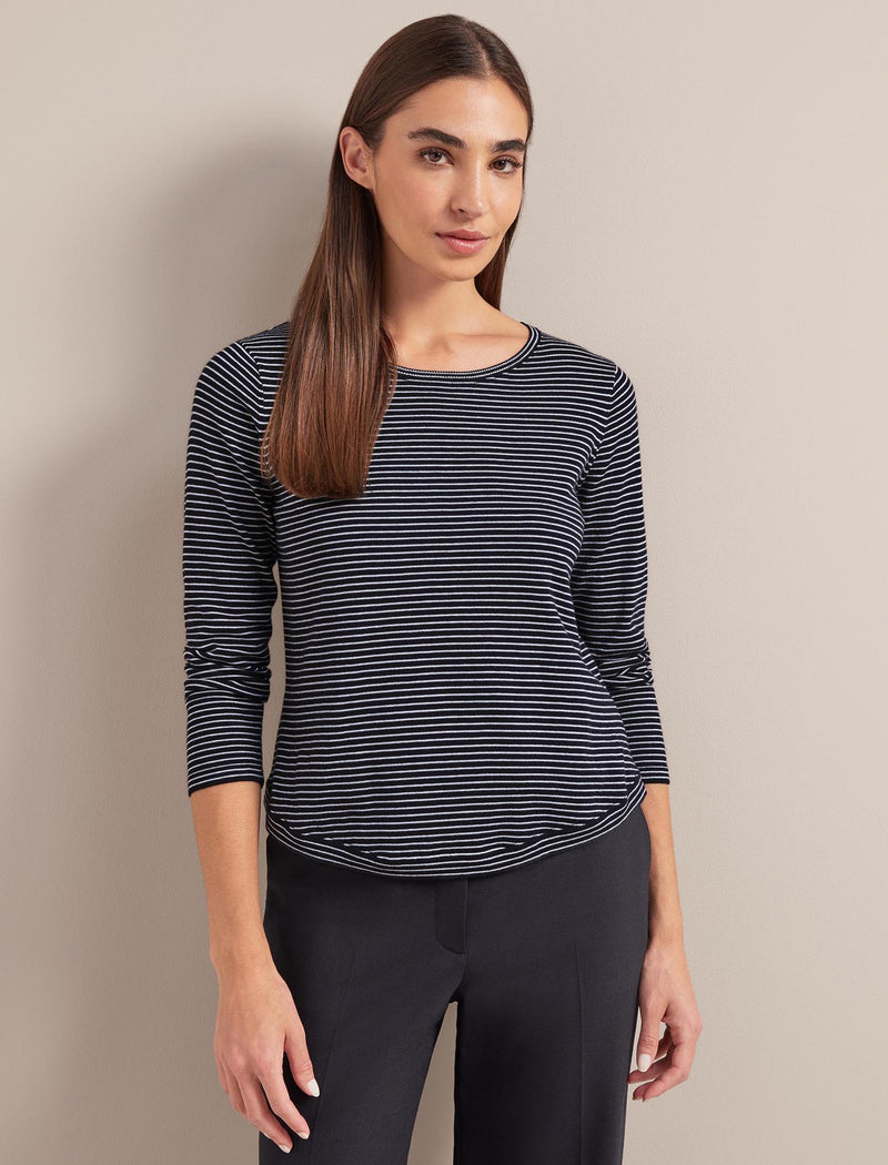 Maia Cotton Silk Blend T-Shirt - Navy White Stripe