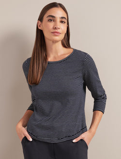 Maia Cotton Silk Blend T-Shirt - Navy White Stripe