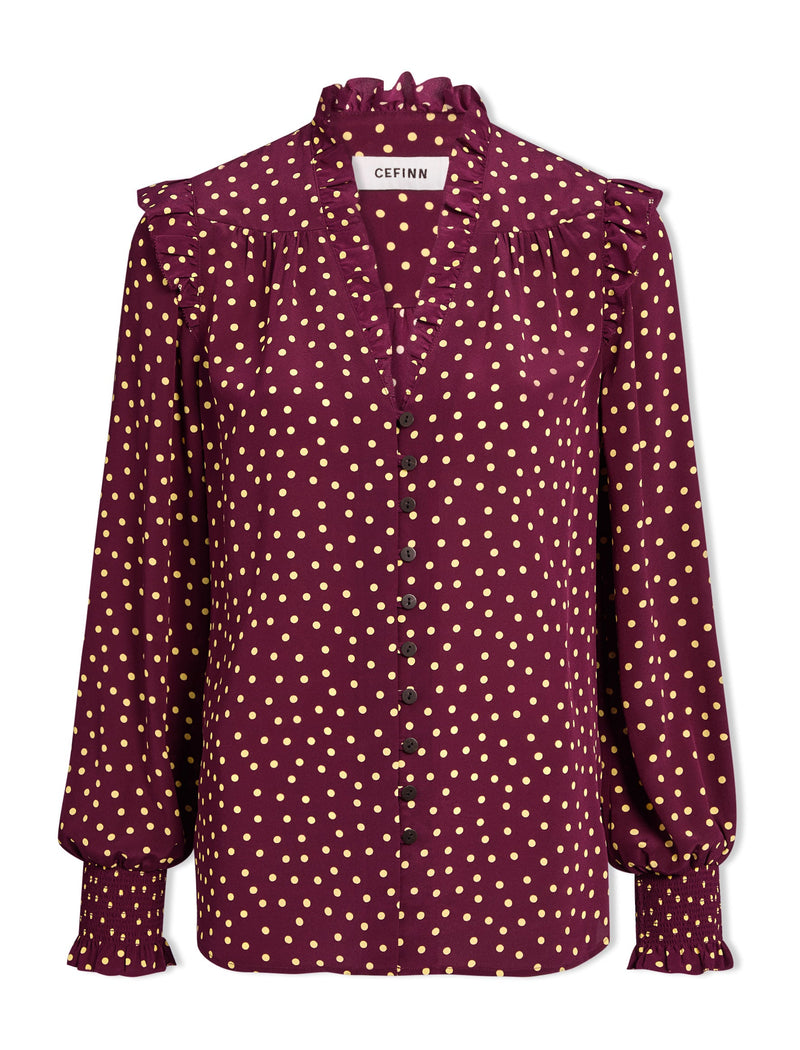 Stella Silk Shirt - Burgundy Gold Polka Dot Print