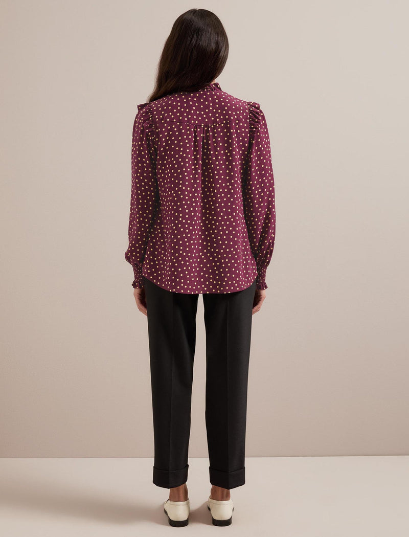 Stella Silk Shirt - Burgundy Gold Polka Dot Print