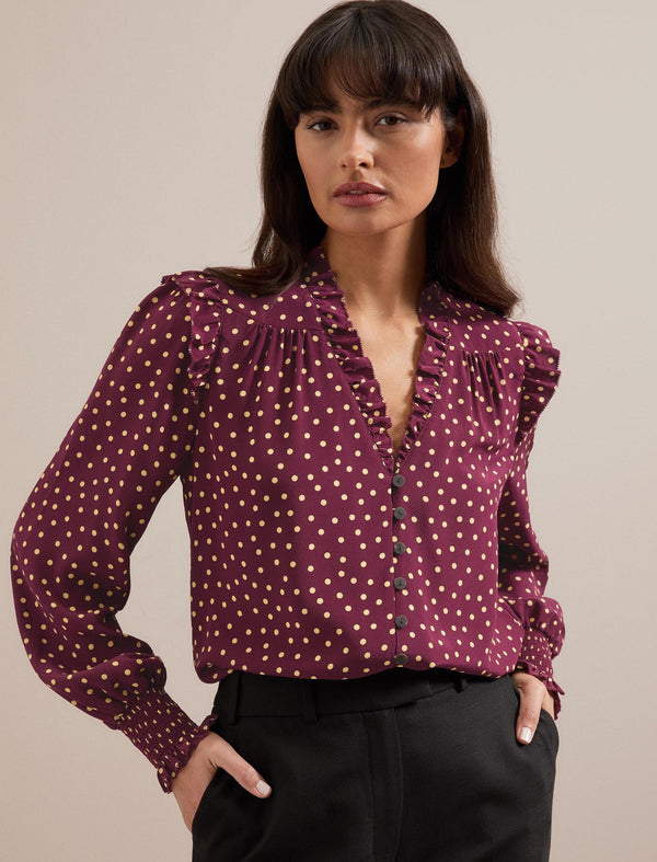 Stella Silk Shirt - Burgundy Gold Polka Dot Print