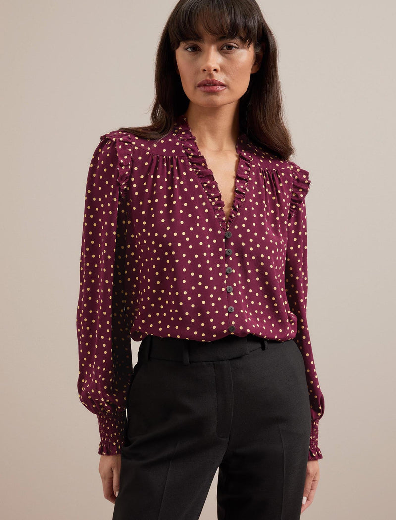 Stella Silk Shirt - Burgundy Gold Polka Dot Print