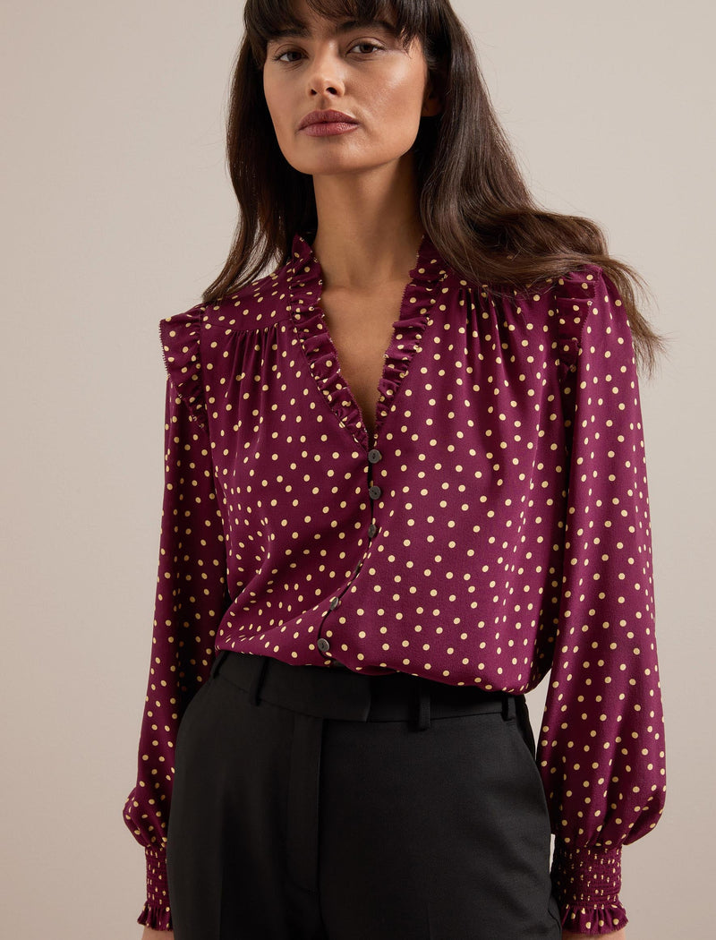 Stella Silk Shirt - Burgundy Gold Polka Dot Print