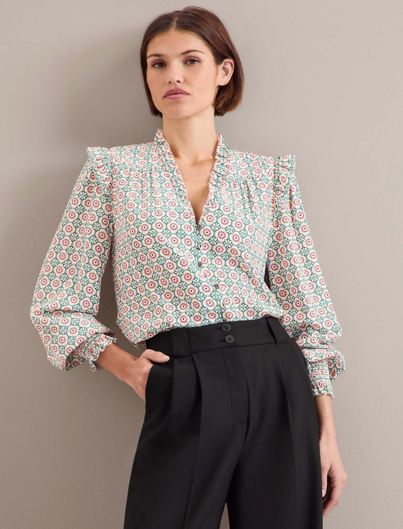 Stella Silk Shirt - Cream Floral Tile Print