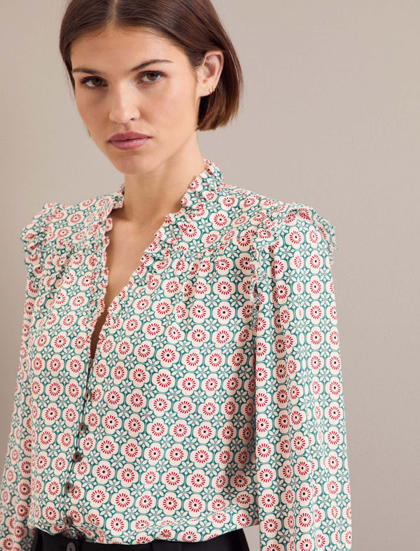 Stella Silk Shirt - Cream Floral Tile Print