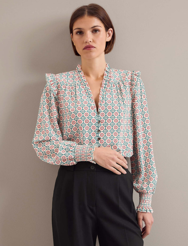 Stella Silk Shirt - Cream Floral Tile Print