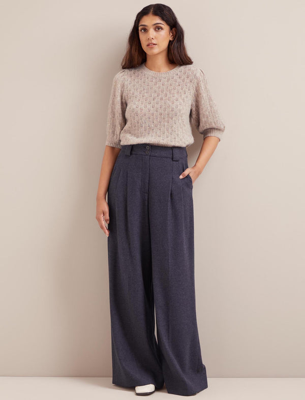 Margot Houndstooth Wool Wide Leg Trouser - Navy