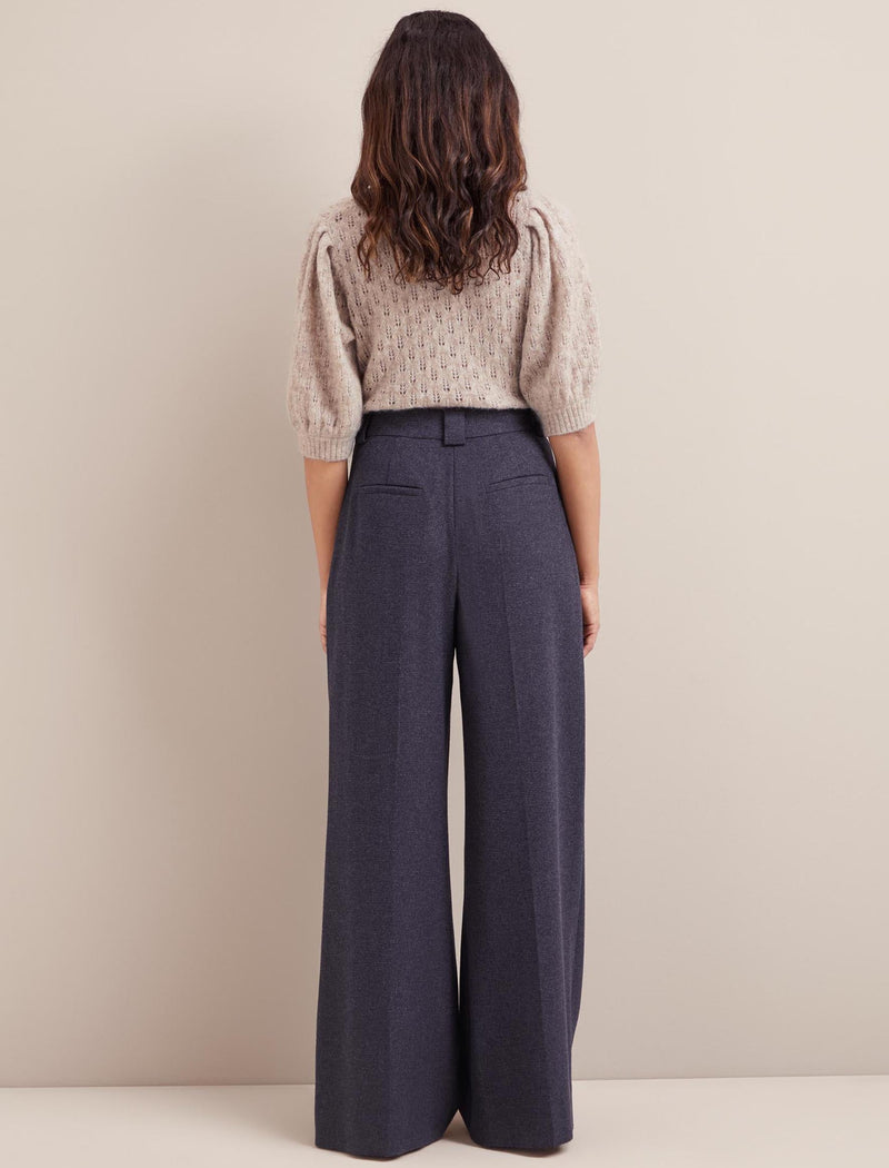 Margot Houndstooth Wool Wide Leg Trouser - Navy