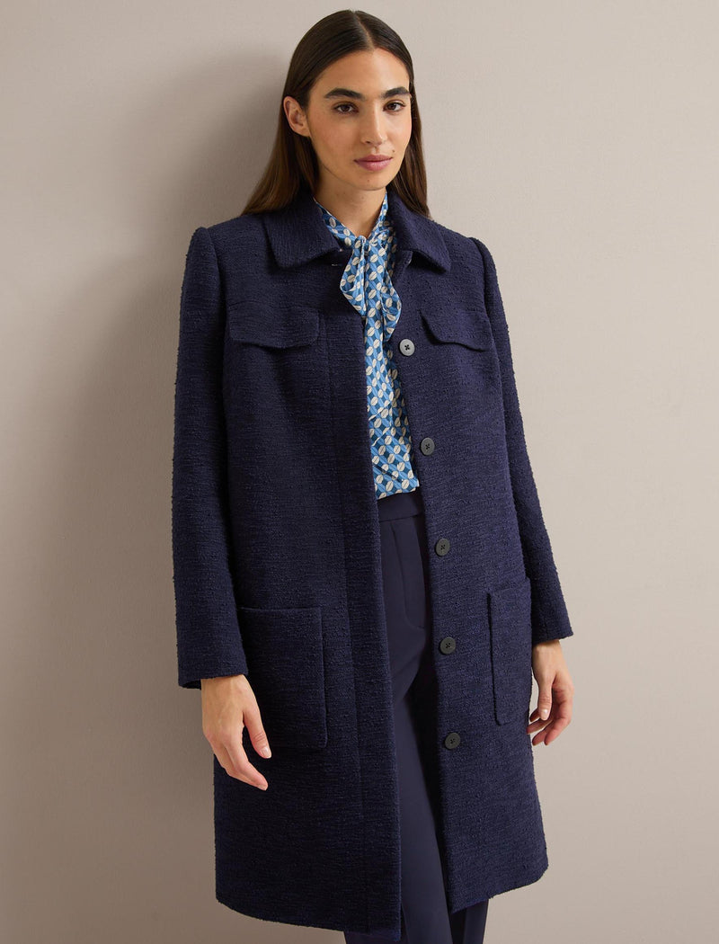 Logan Bouclé Tweed Coat - Navy