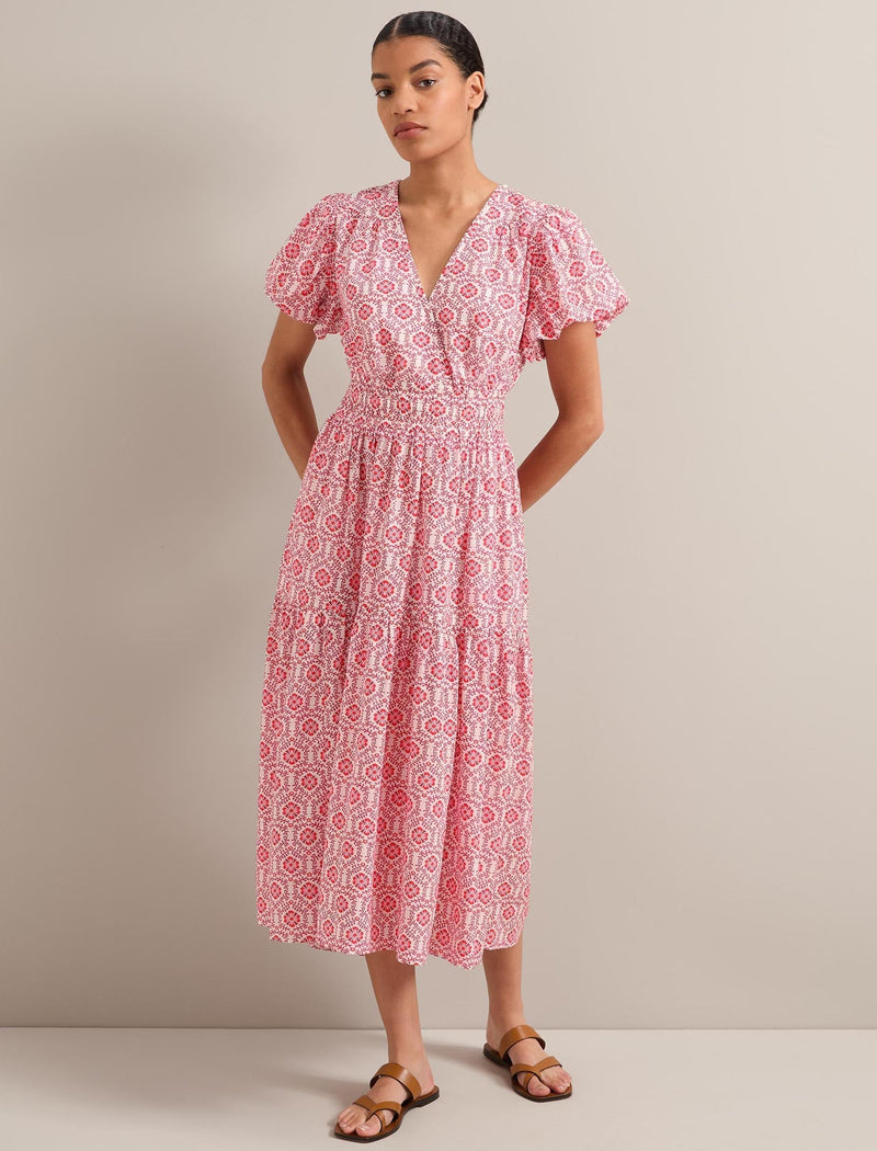 Orla Cotton Maxi Dress - White Pink Circle Carnation Print