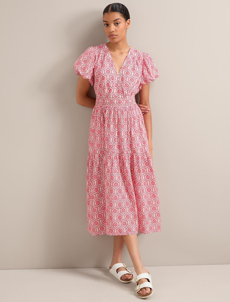 Orla Cotton Maxi Dress - White Pink Circle Carnation Print