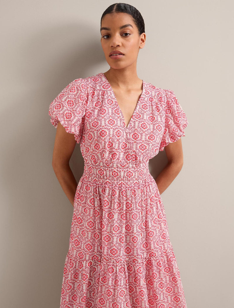 Orla Cotton Maxi Dress - White Pink Circle Carnation Print