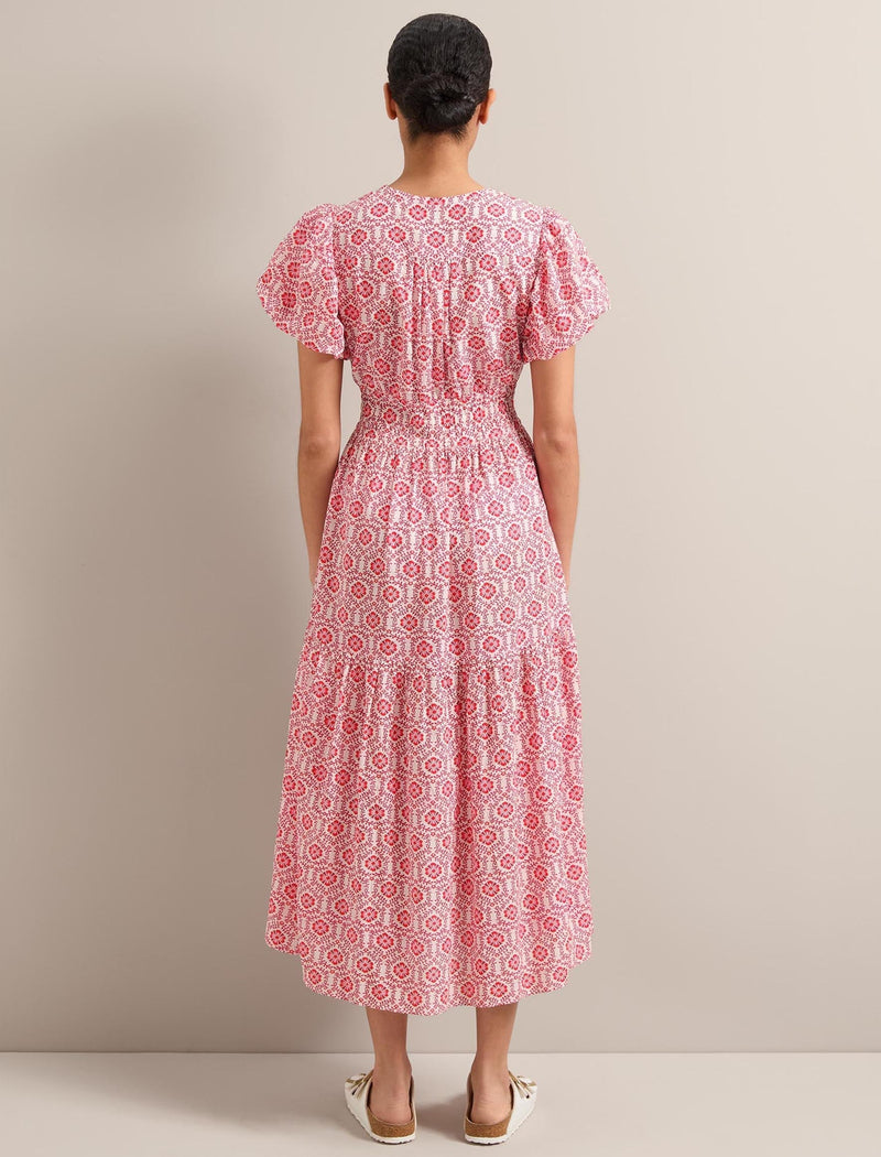 Orla Cotton Maxi Dress - White Pink Circle Carnation Print