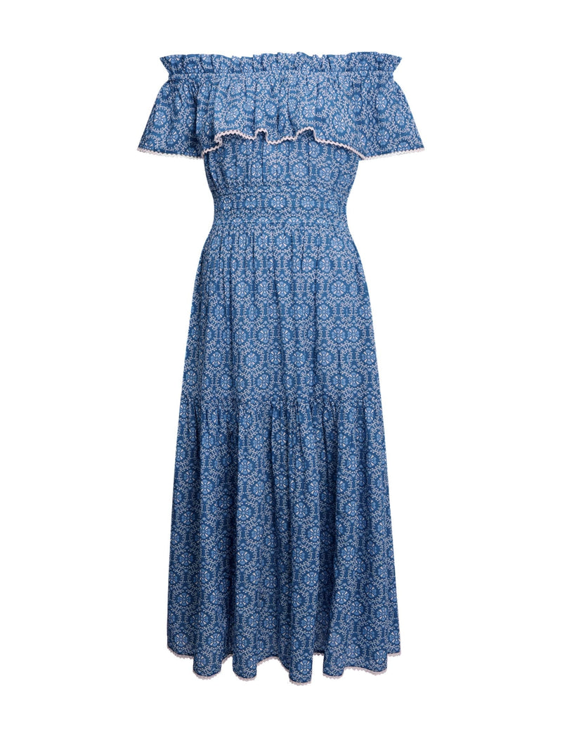 Aimee Cotton Maxi Dress - Blue Circle Carnation Print
