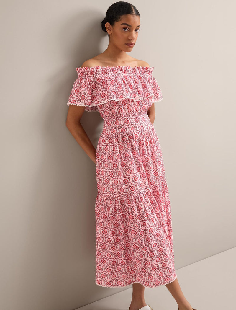Aimee Cotton Maxi Dress - White Pink Circle Carnation Print