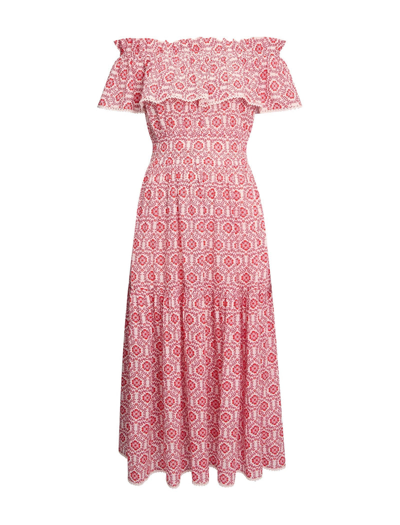 Aimee Cotton Maxi Dress - White Pink Circle Carnation Print