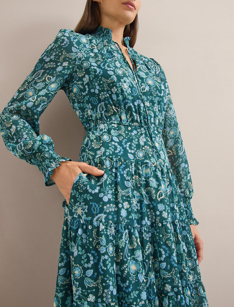 Marina Maxi Dress - Dark Green Pale Blue Large Floral Print