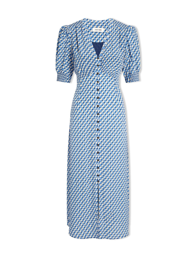 Julietta Silk Maxi Dress - Blue Cream Lips Print
