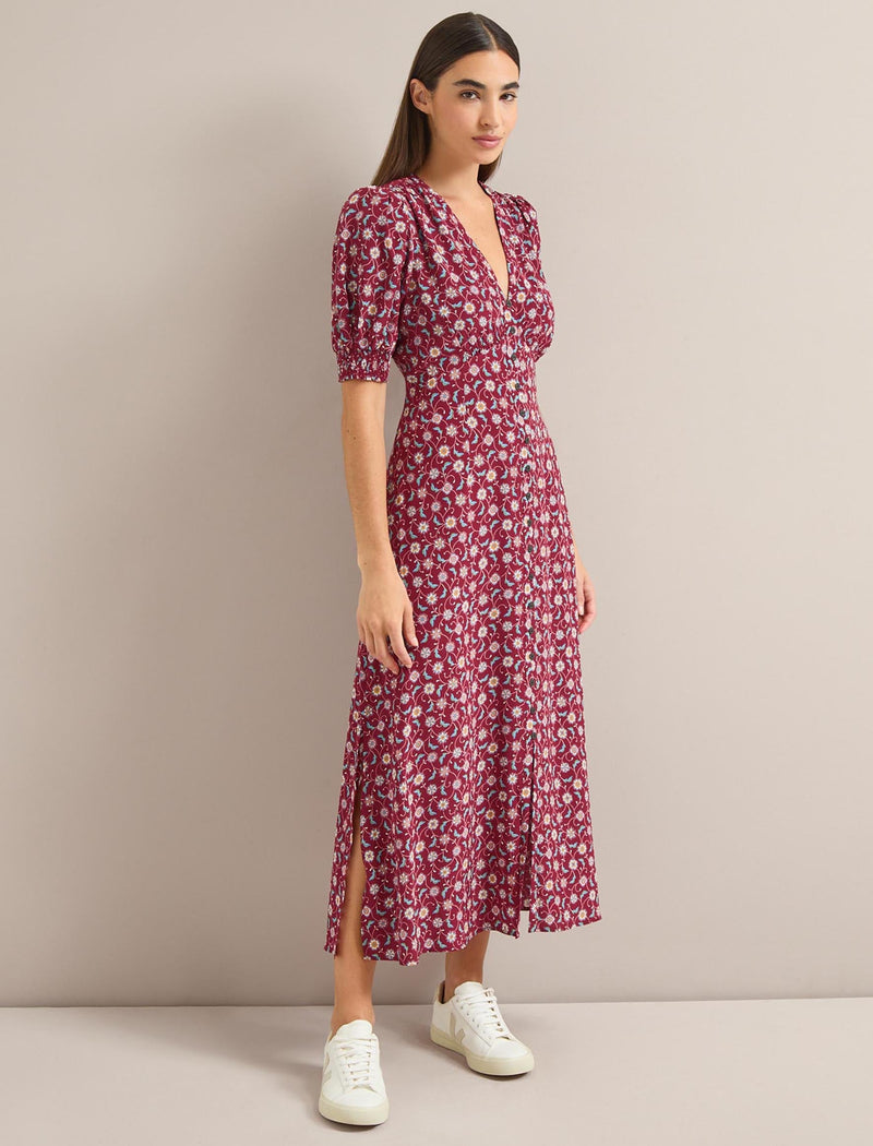 Julietta Silk Maxi Dress - Burgundy Trellis Print