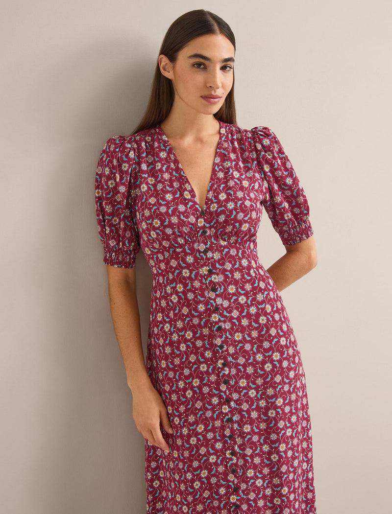 Julietta Silk Maxi Dress - Burgundy Trellis Print