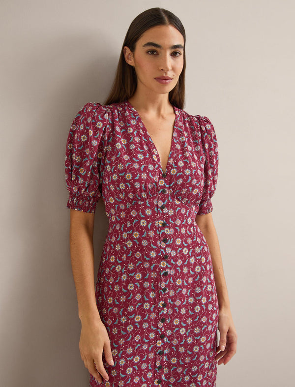 Julietta Silk Maxi Dress - Burgundy Trellis Print