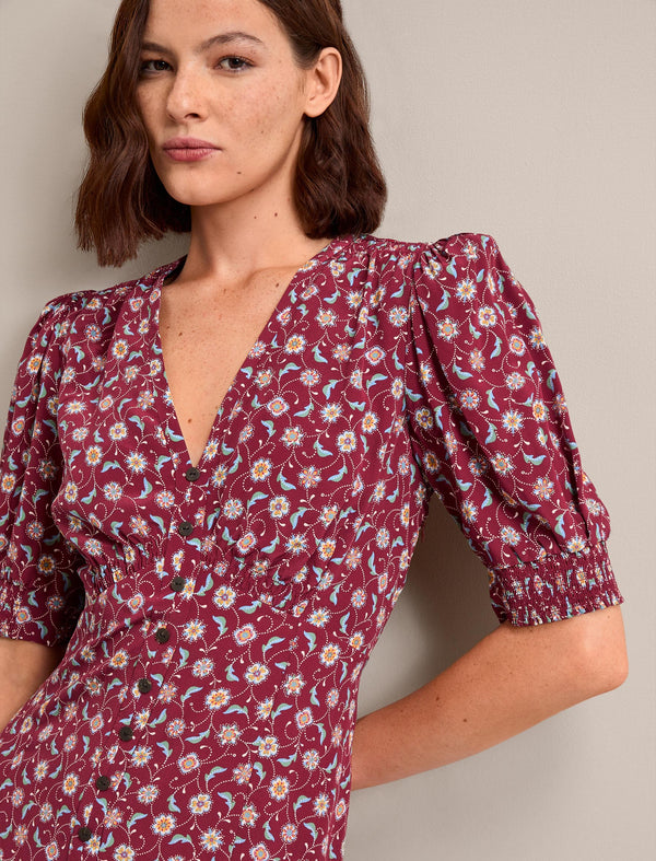 Julietta Silk Short Dress - Burgundy Trellis Print
